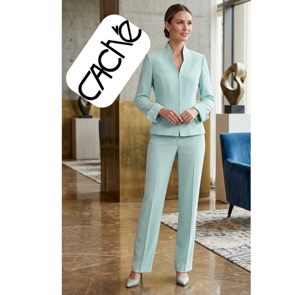 Cache Mint Green 2 Piece Pant Suit Zip Front Jacket Straight Leg Trousers Size 4